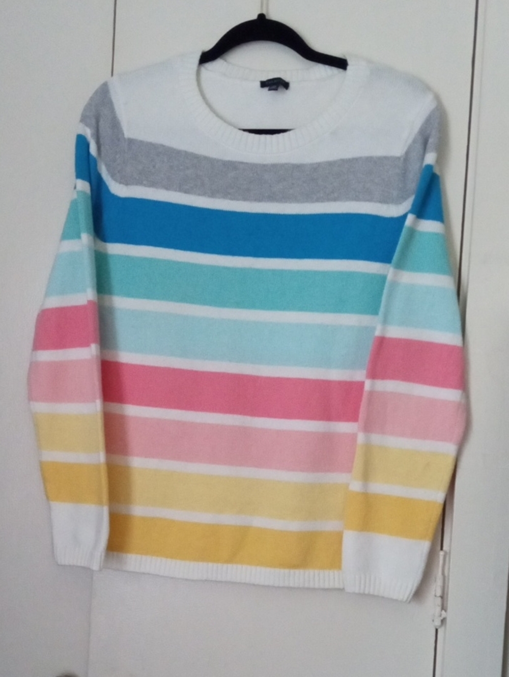 Talbots Women’s Crewneck Cotton Blend Sweater White, Blue, Aqua, Pink & Yellow M